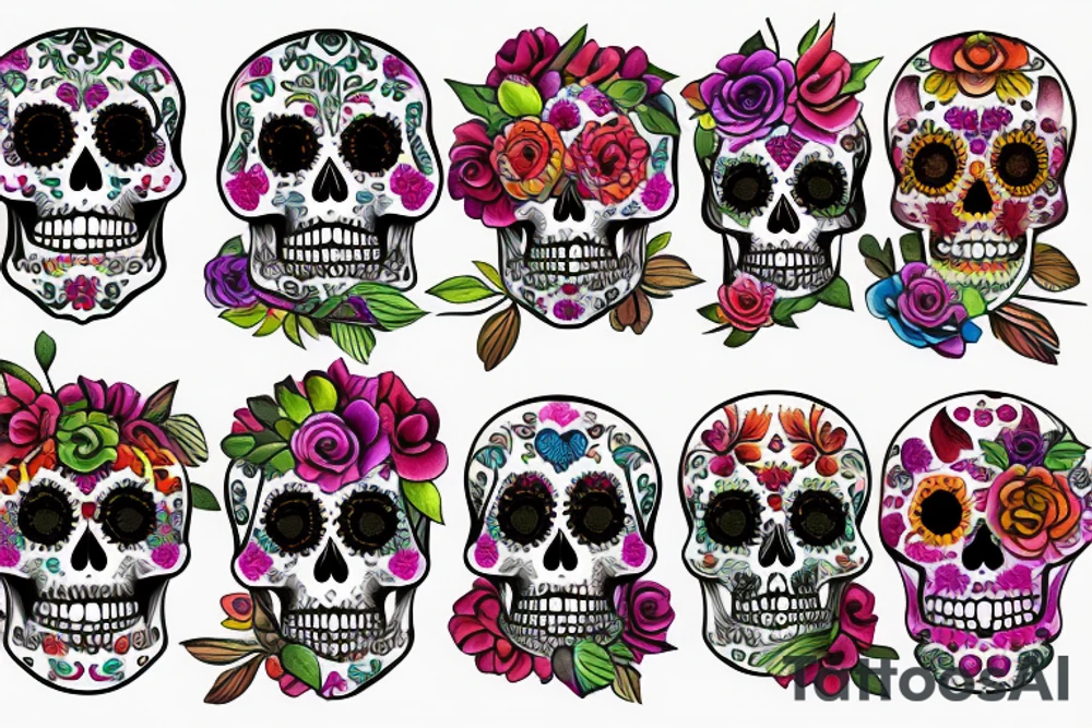feathers and flowers creating a sugar skull tattoo idea