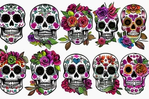 feathers and flowers creating a sugar skull tattoo idea
