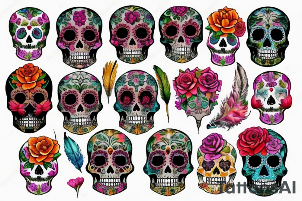 feathers and flowers creating a sugar skull tattoo idea
