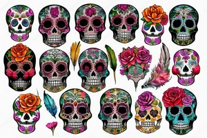 feathers and flowers creating a sugar skull tattoo idea