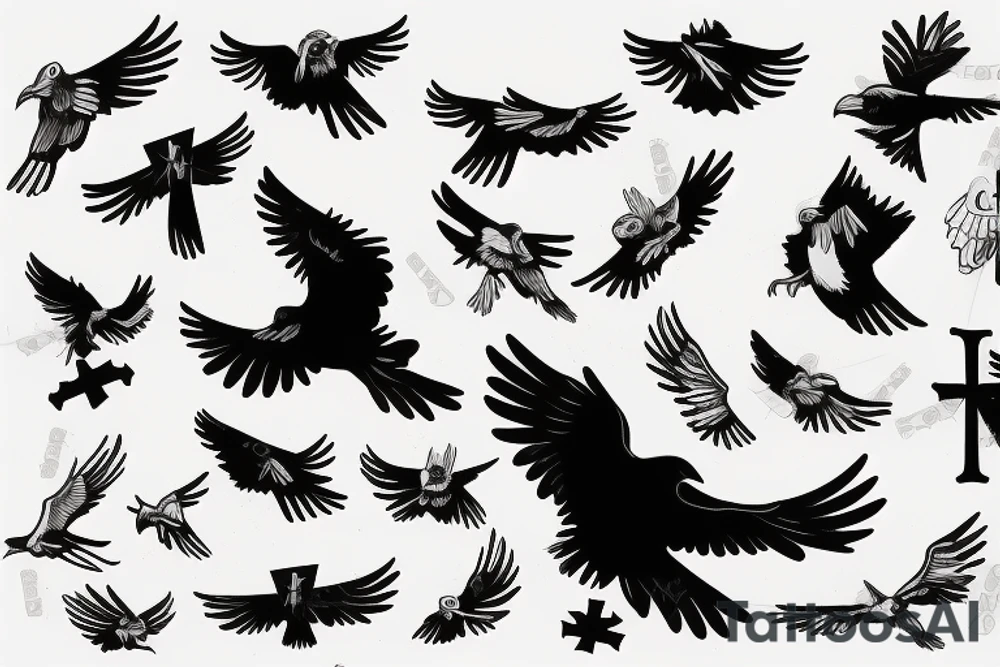 a flying crow with a cross in its paws tattoo idea