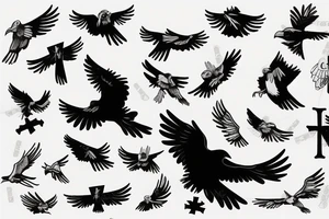 a flying crow with a cross in its paws tattoo idea
