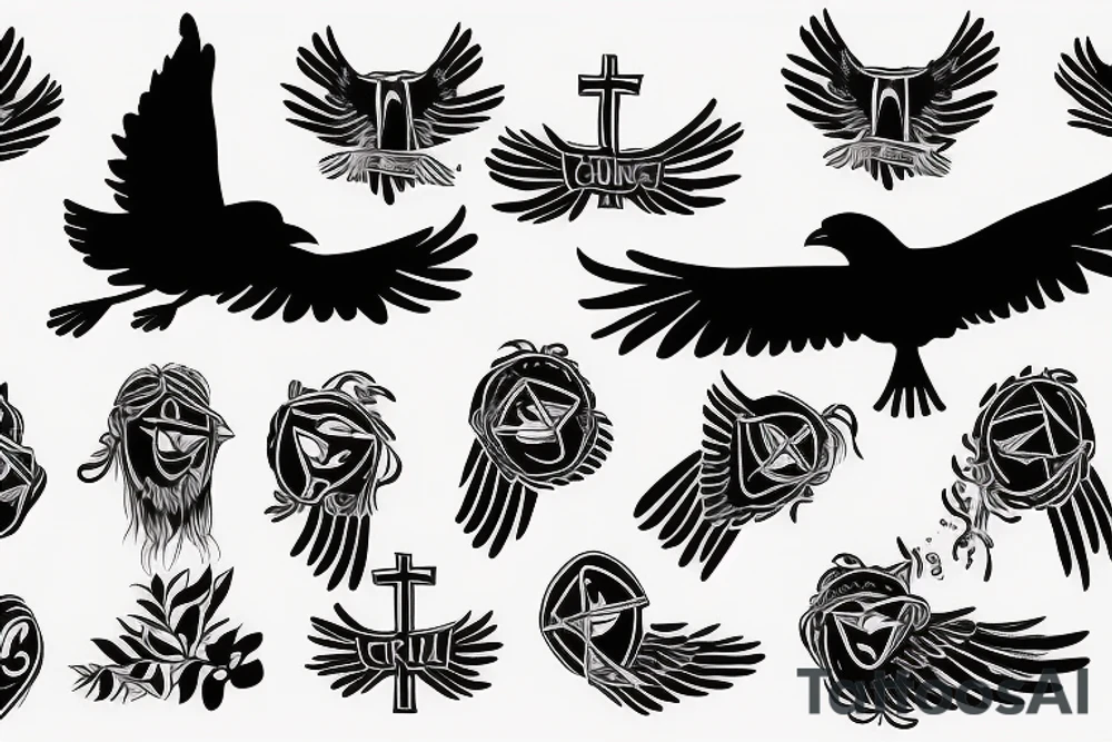 a flying crow with a cross in its paws tattoo idea