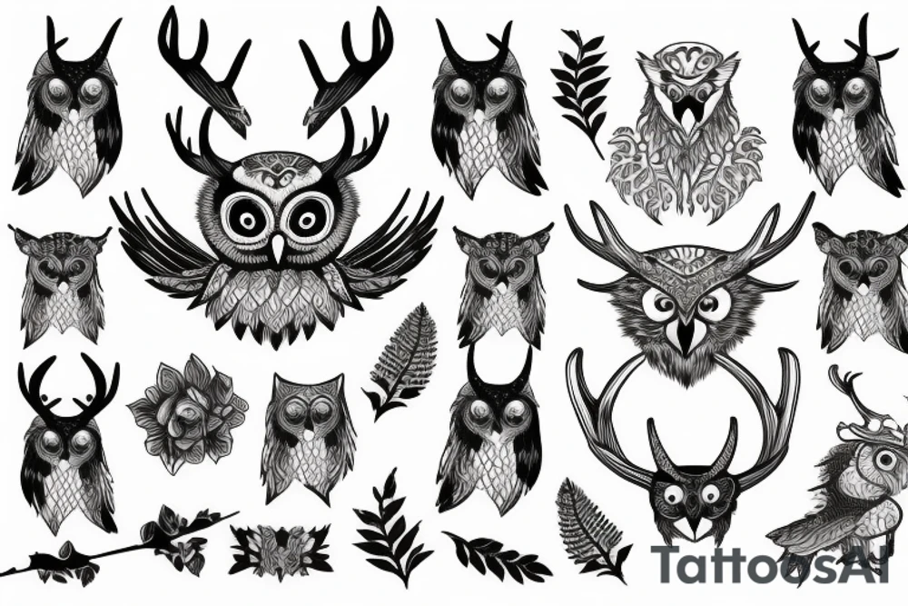 an owl with antlers and a lions tail tattoo idea