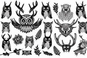 an owl with antlers and a lions tail tattoo idea
