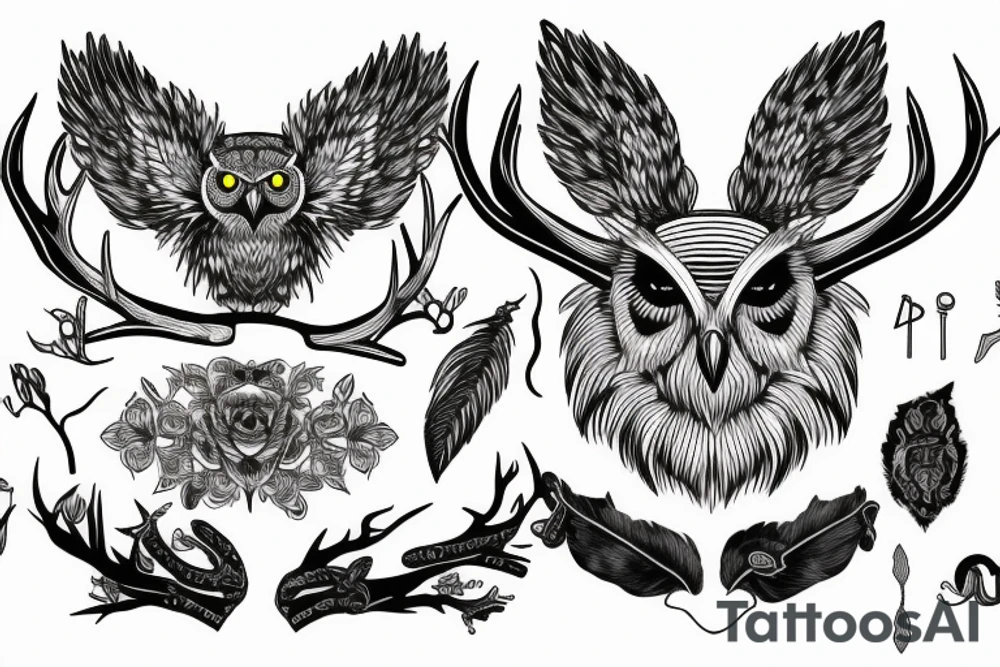 an owl with antlers and a lions tail tattoo idea