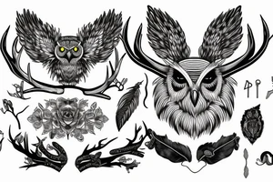 an owl with antlers and a lions tail tattoo idea