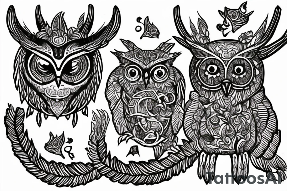 an owl alebrije with antlers and a lions tail tattoo idea