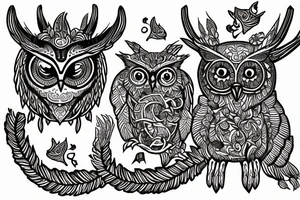 an owl alebrije with antlers and a lions tail tattoo idea