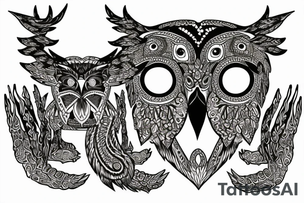 an owl alebrije with antlers and a lions tail tattoo idea