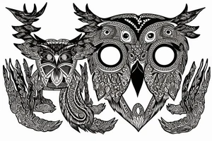 an owl alebrije with antlers and a lions tail tattoo idea