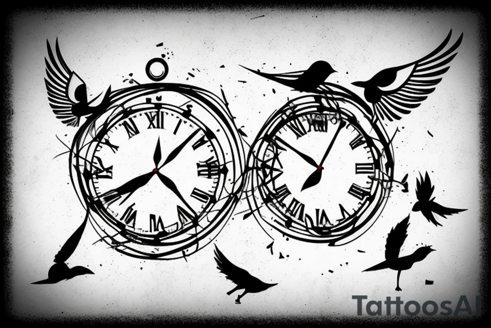 a clock shattered and two birds flying away from it tattoo idea a clock shattered and two birds flying away from it tattoo idea