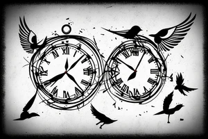 a clock shattered and two birds flying away from it tattoo idea