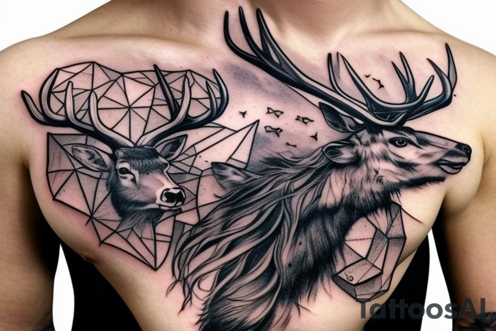 A witcher in space with a deer that has large antlers tattoo idea