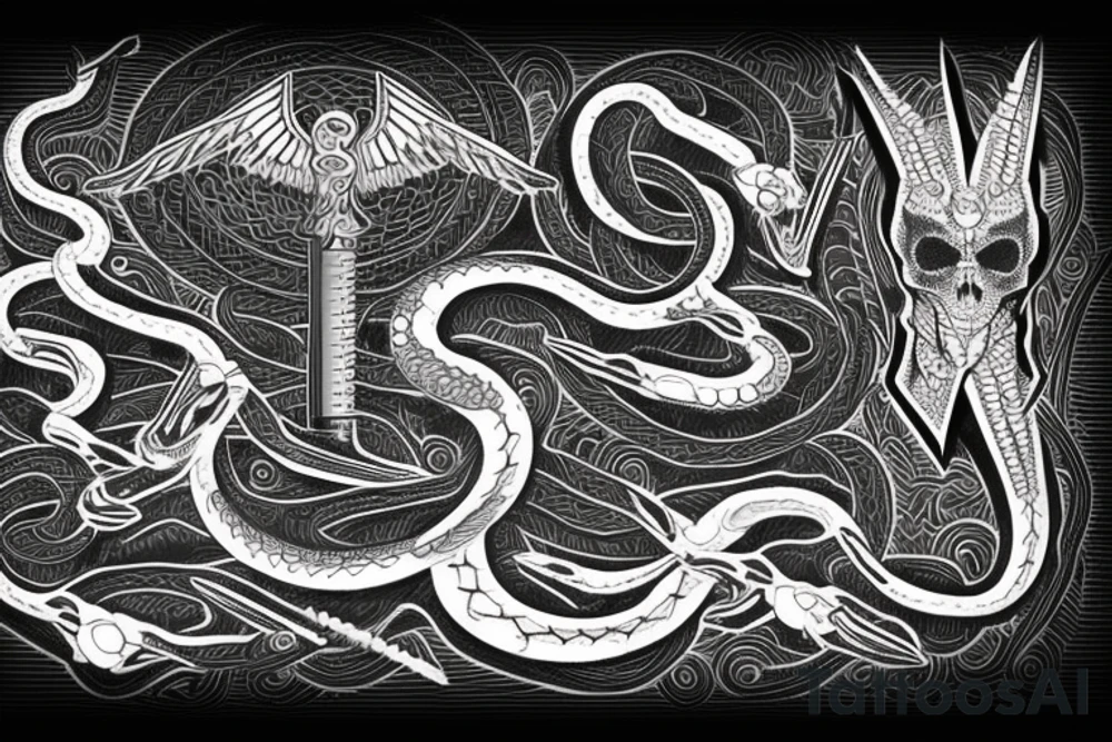 black textured trishul with a snake skeleton as the handle and a balance scale in between tattoo idea