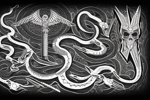 black textured trishul with a snake skeleton as the handle and a balance scale in between tattoo idea