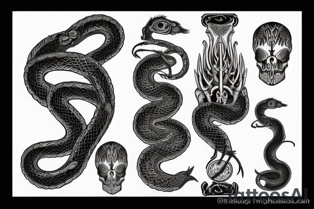 black textured trishul with a snake skeleton as the handle and a balance scale in between tattoo idea