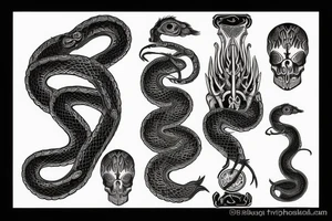 black textured trishul with a snake skeleton as the handle and a balance scale in between tattoo idea