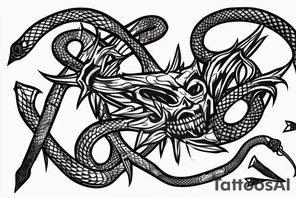 black trident with snake skeleton as handle tattoo idea