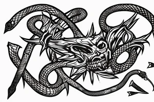black trident with snake skeleton as handle tattoo idea