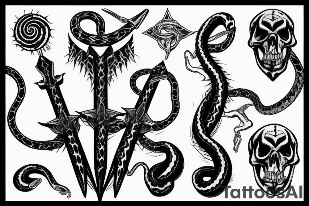 black trident with snake skeleton as handle tattoo idea