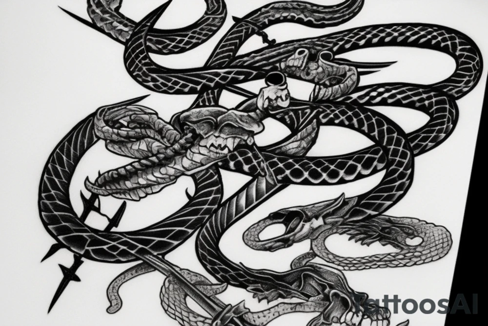 black trident with snake skeleton as handle tattoo idea