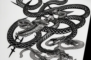 black trident with snake skeleton as handle tattoo idea