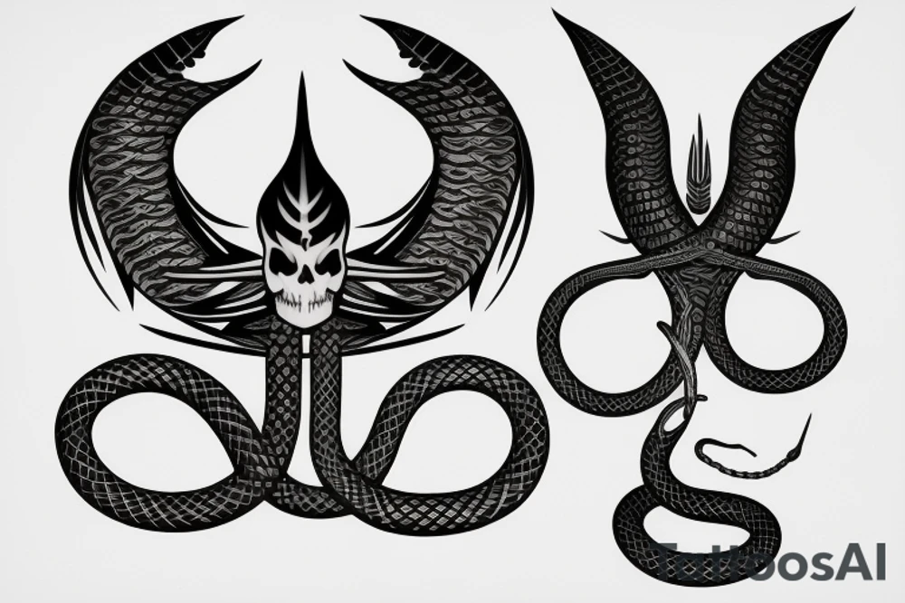 black trident with snake skeleton as handle tattoo idea