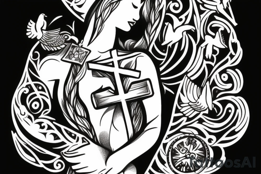 Woman 
holding cross with doves tattoo idea