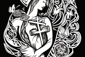 Woman 
holding cross with doves tattoo idea