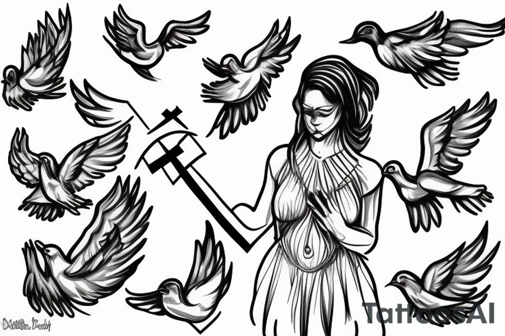 Woman 
holding cross with doves tattoo idea