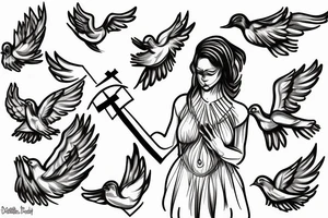 Woman 
holding cross with doves tattoo idea