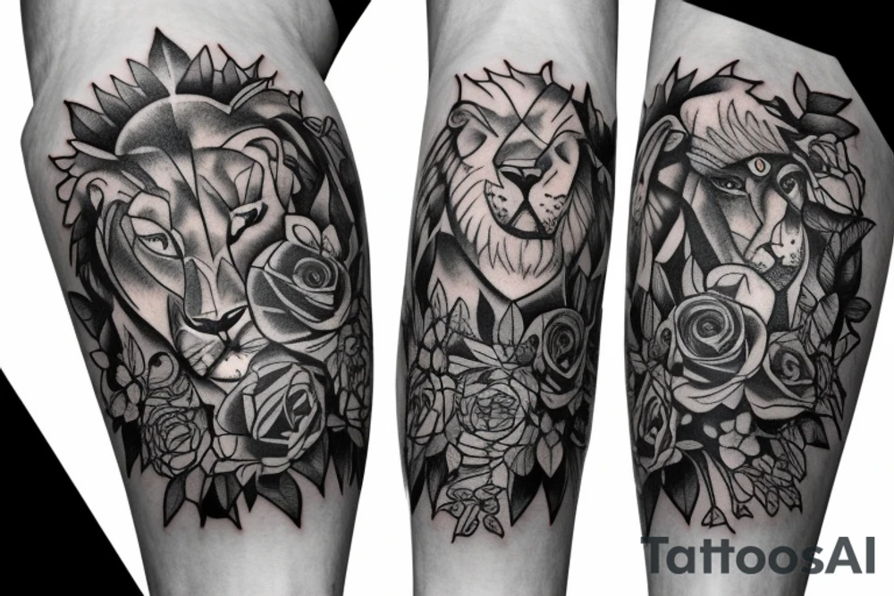 Leg sleeve with lions, roses and eagle on the thigh. Forest and compass on calf tattoo idea