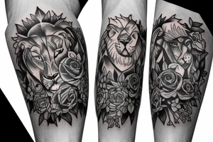 Leg sleeve with lions, roses and eagle on the thigh. Forest and compass on calf tattoo idea
