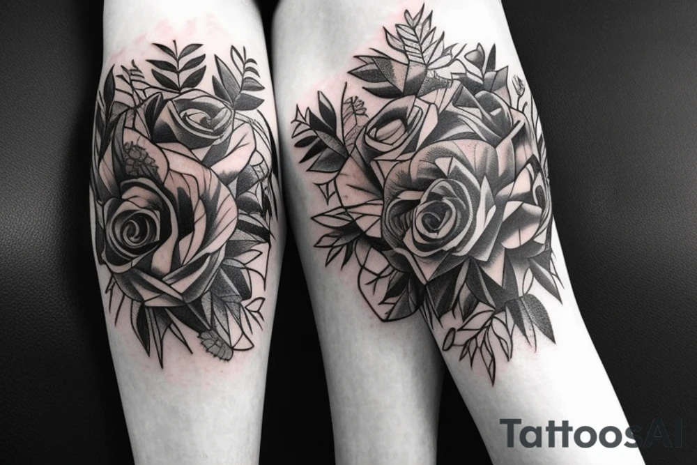 Leg sleeve with lions, roses and eagle on the thigh. Forest and compass on calf tattoo idea