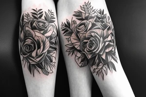 Leg sleeve with lions, roses and eagle on the thigh. Forest and compass on calf tattoo idea