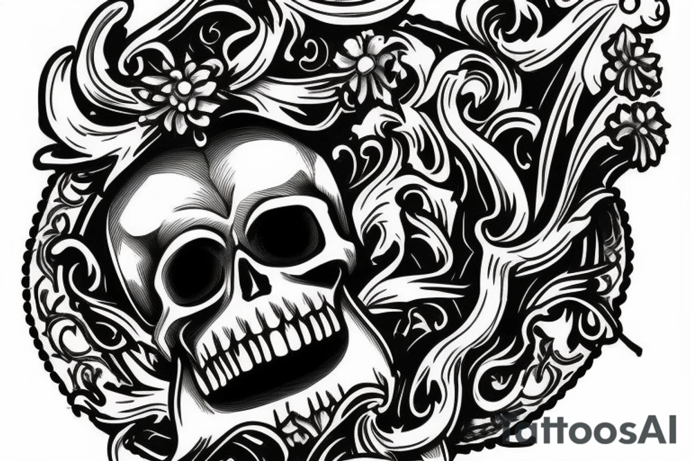 Skull, with scroll and dagger. Old western tattoo idea