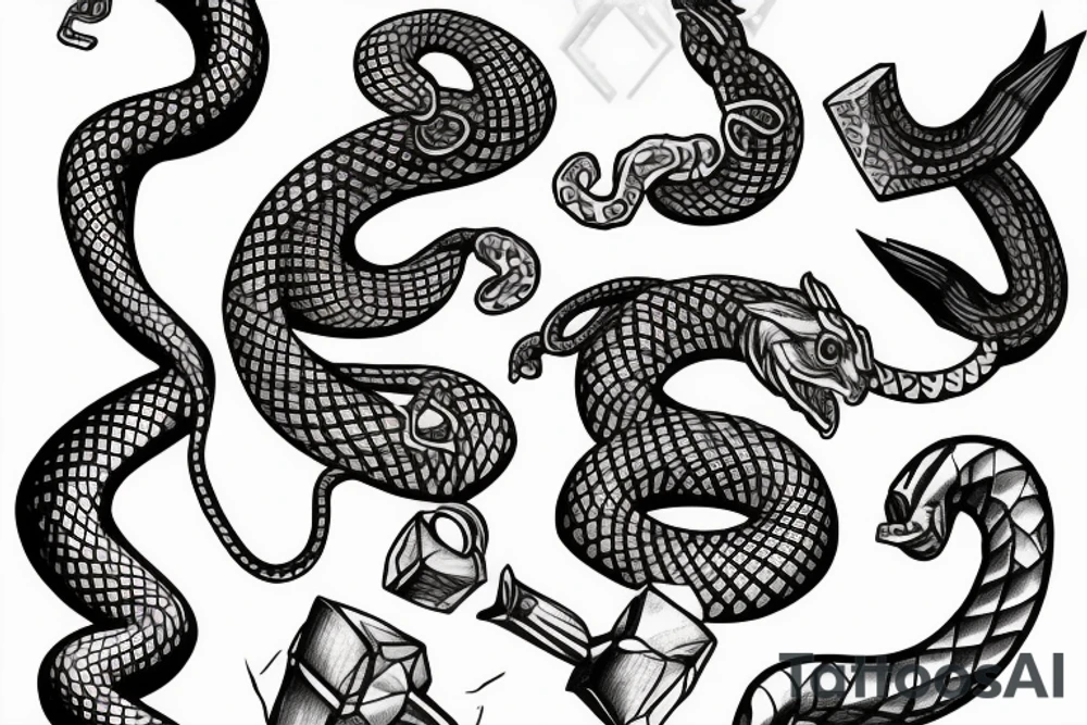Snake with tail rolled up in thor's hammer tattoo idea