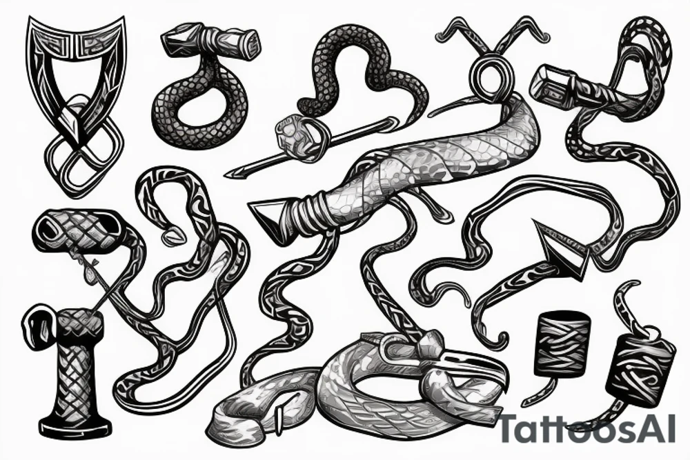 Snake with tail tangled up in thor's hammer's handle tattoo idea