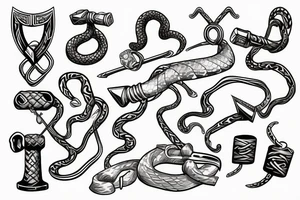 Snake with tail tangled up in thor's hammer's handle tattoo idea