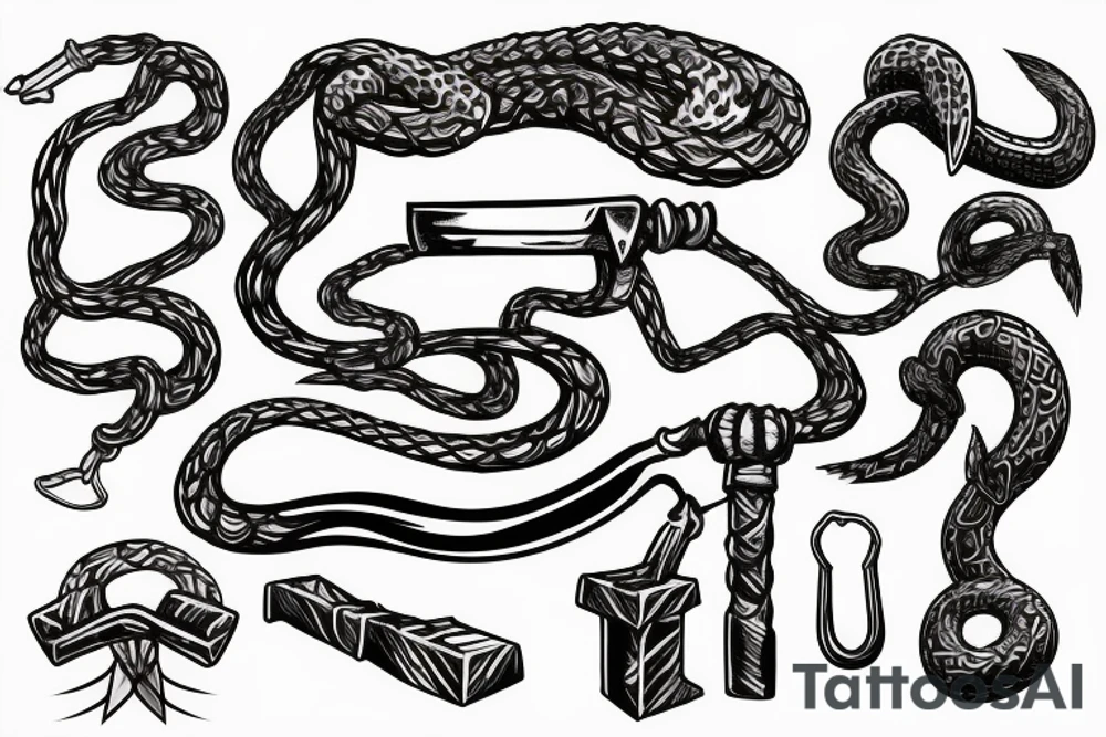 Snake with tail tangled up in thor's hammer's handle tattoo idea