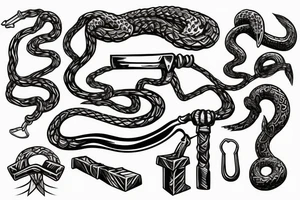 Snake with tail tangled up in thor's hammer's handle tattoo idea
