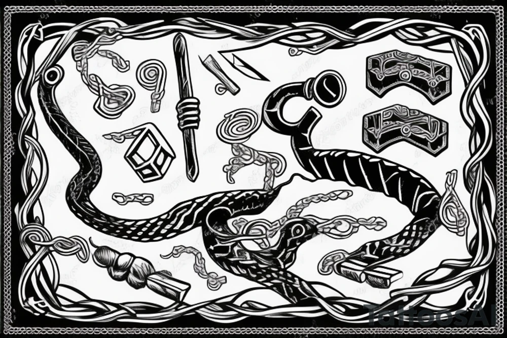 Snake with tail tangled up in thor's hammer's handle tattoo idea