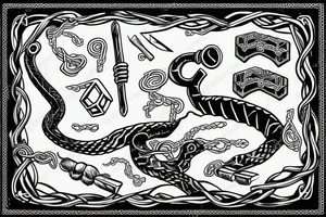 Snake with tail tangled up in thor's hammer's handle tattoo idea
