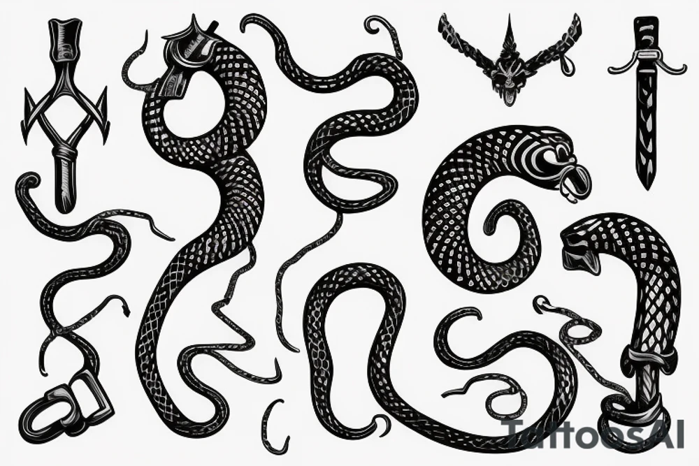 Snake with tail tangled up in thor's hammer's handle tattoo idea