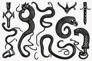 Snake with tail tangled up in thor's hammer's handle tattoo idea
