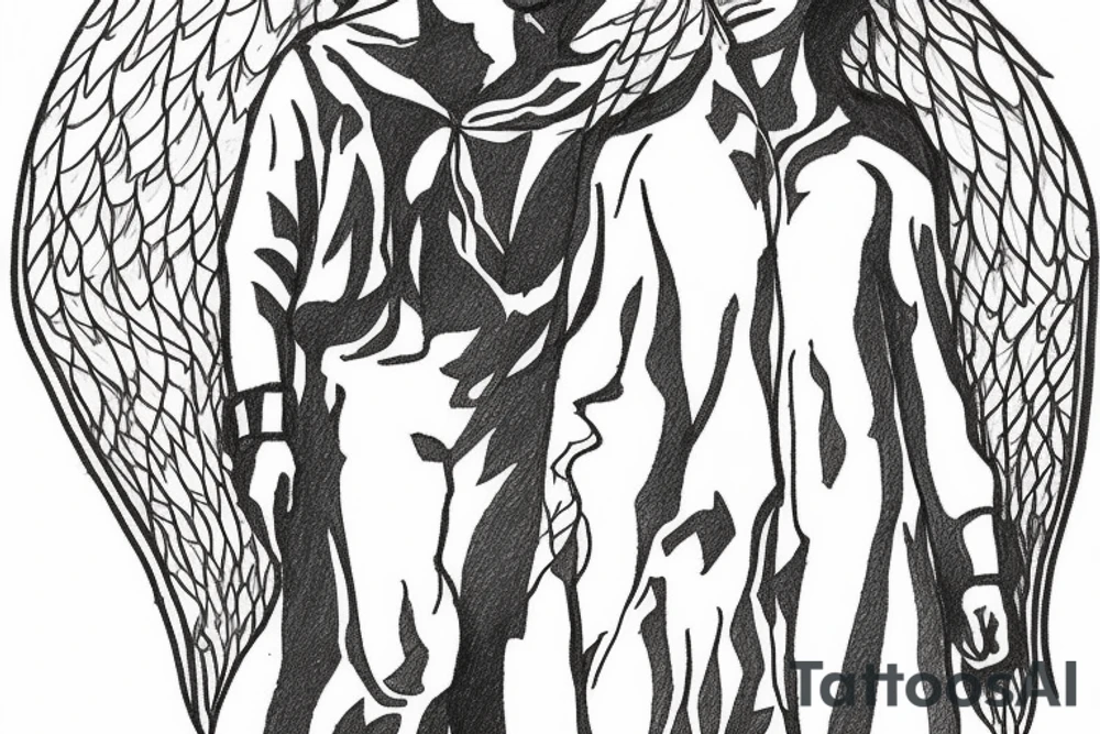 Male angel in the shadows overlooking a forest with a father and two daughters walking in the distance tattoo idea