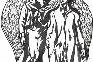 Male angel in the shadows overlooking a forest with a father and two daughters walking in the distance tattoo idea