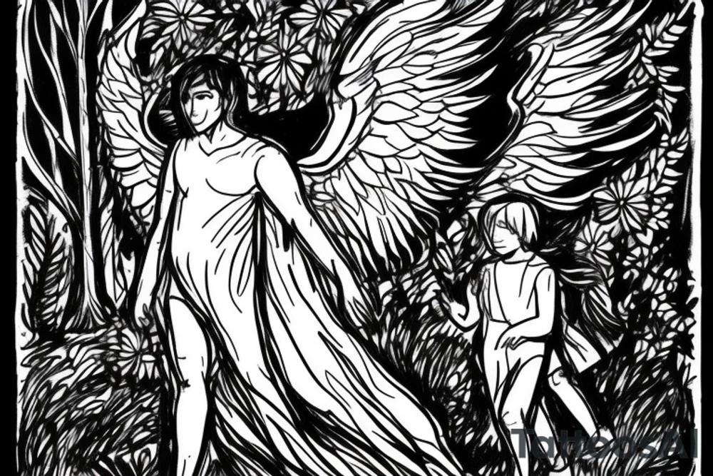 Male angel in the shadows overlooking a forest with a father and two daughters walking in the distance tattoo idea