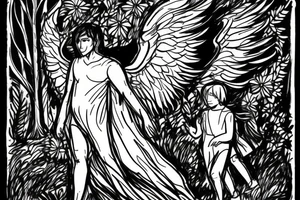 Male angel in the shadows overlooking a forest with a father and two daughters walking in the distance tattoo idea